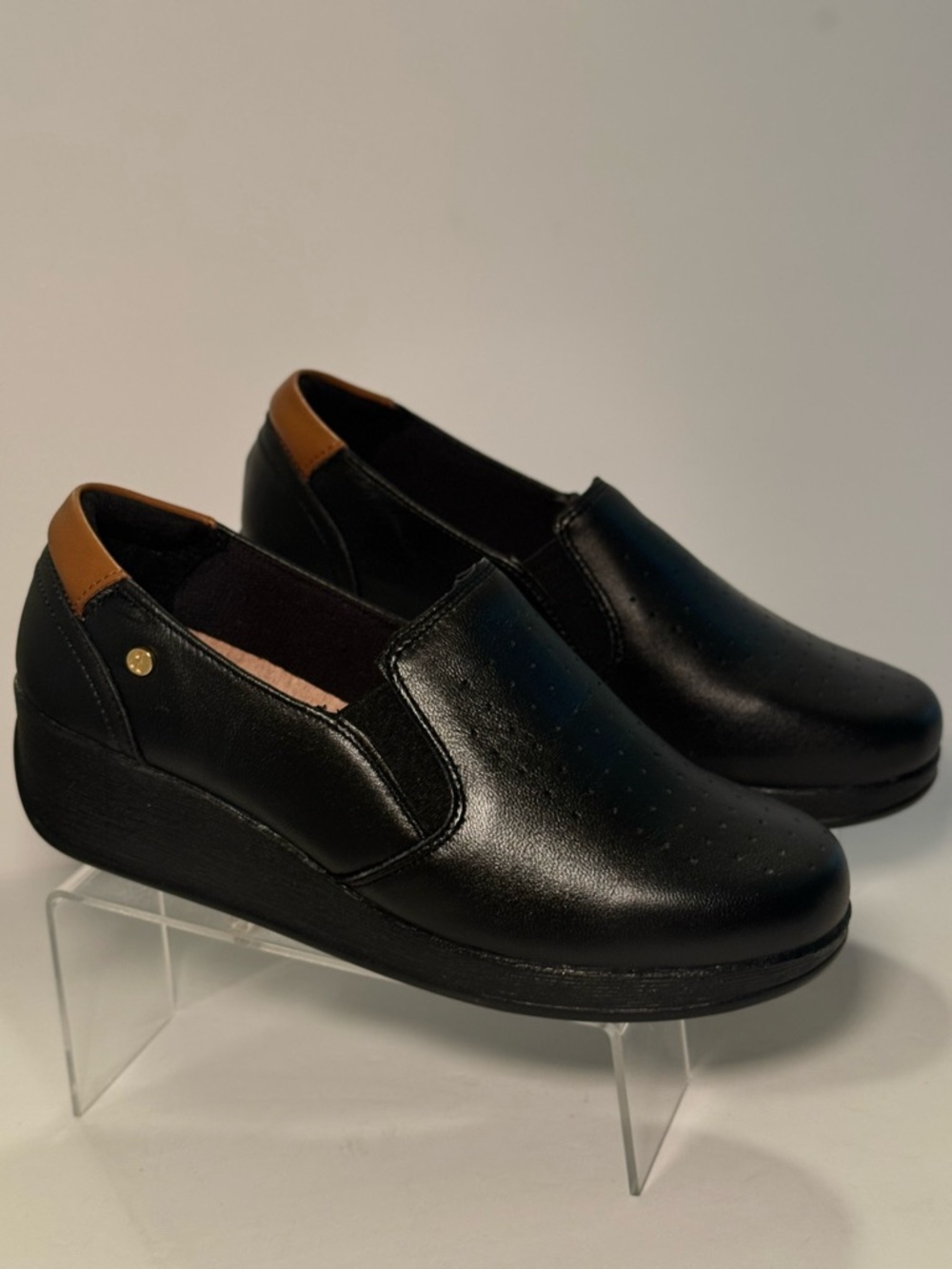 Women’s Black Slip-On Comfort Shoes with Brown Accent- leather